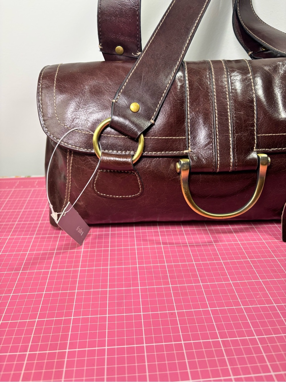 Vintage Y2K APT9 Womens Brown Leather Shoulder Bag Purse Handbag Dbl Handle Tote - Picture 4 of 16